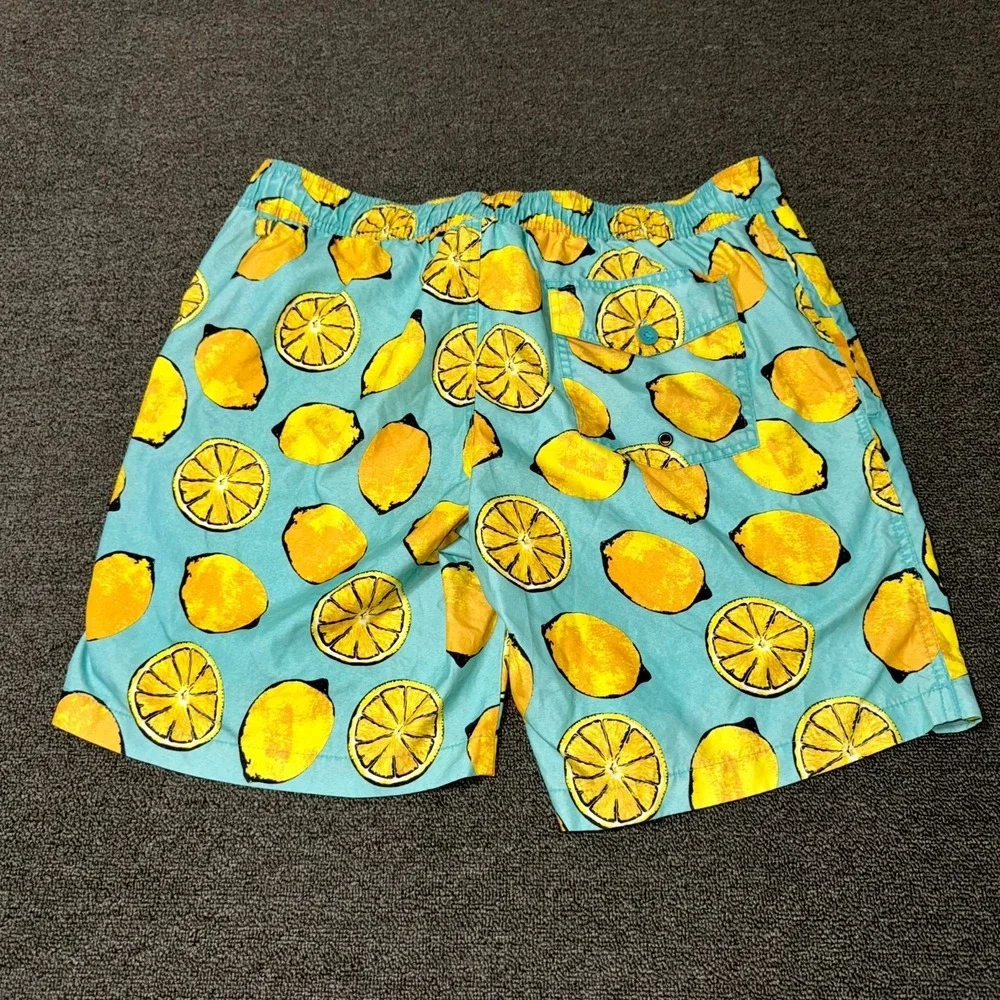 St. John's Bay Swim Shorts Mens XL Blue Yellow Allover Lemon Print Swimwear